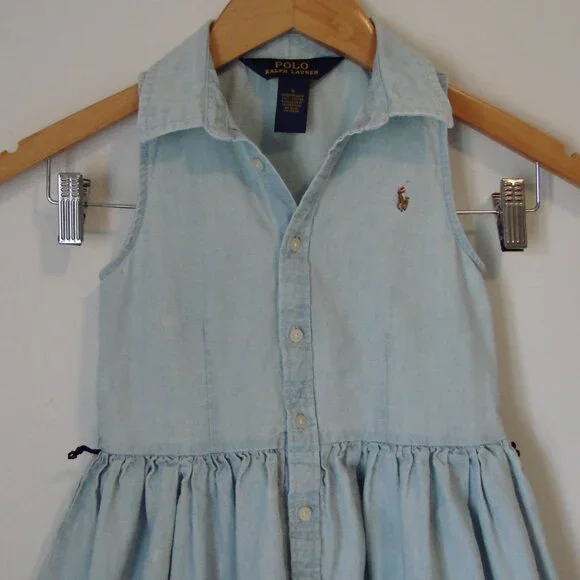 Polo Ralph Lauren Girls Chambray Denim Dress Pony Sleeveless Collar Cotton Siz 6 - Picture 3 of 14
